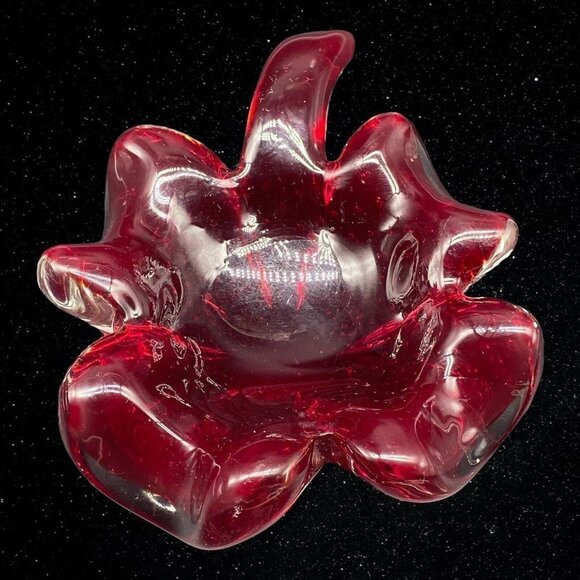 Murano Glass Ruby Red Leaf Shaped Bullicante Bubble Thick Trinket Dish 2”T 7”W - Picture 10 of 12